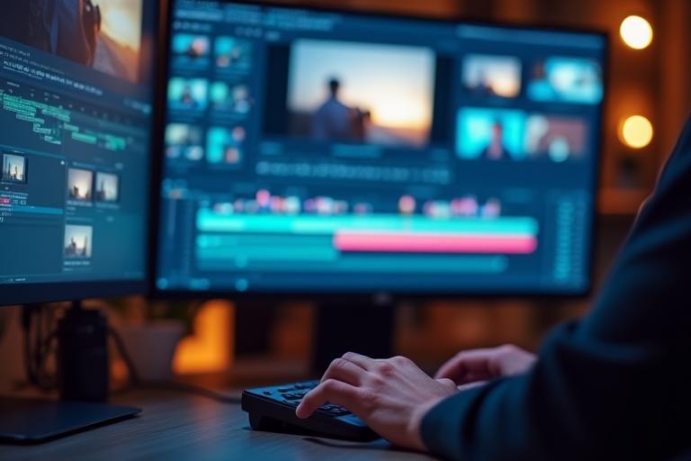 Creative team collaborating on a video editing project in a studio