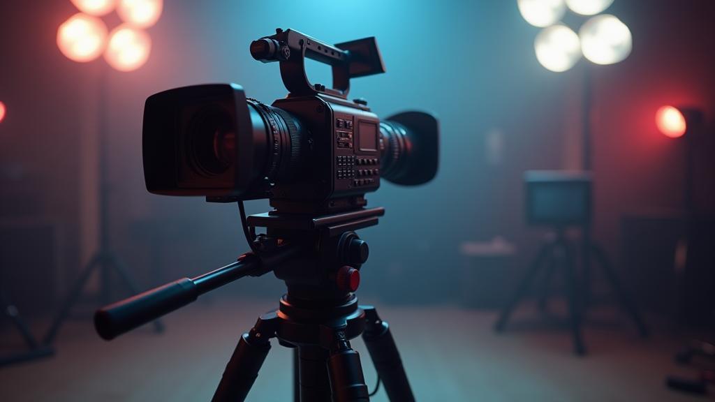 Cinematic view of a video production studio with lights and camera