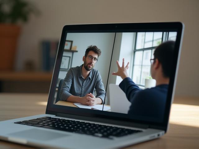 Two people discussing ideas on a laptop screen during a video call